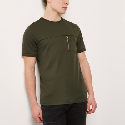 Khaki green crew neck zip pocket T-shirt